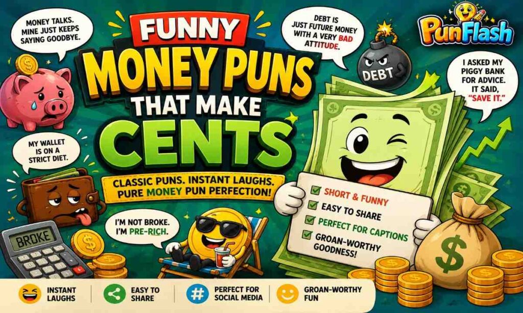 Funny Money Puns That Make Cents featuring cartoon dollar bills, piggy bank, wallet, coins, and humorous financial jokes illustration