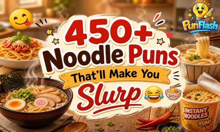 Funny noodle puns collection with ramen bowl, chopsticks, and steaming noodles – food humor and Instagram caption ideas