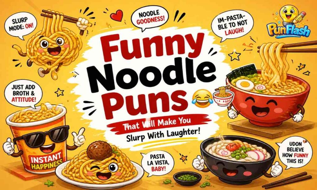 funny noodle puns illustration with cartoon ramen, spaghetti and instant noodles laughing – food humor jokes collection