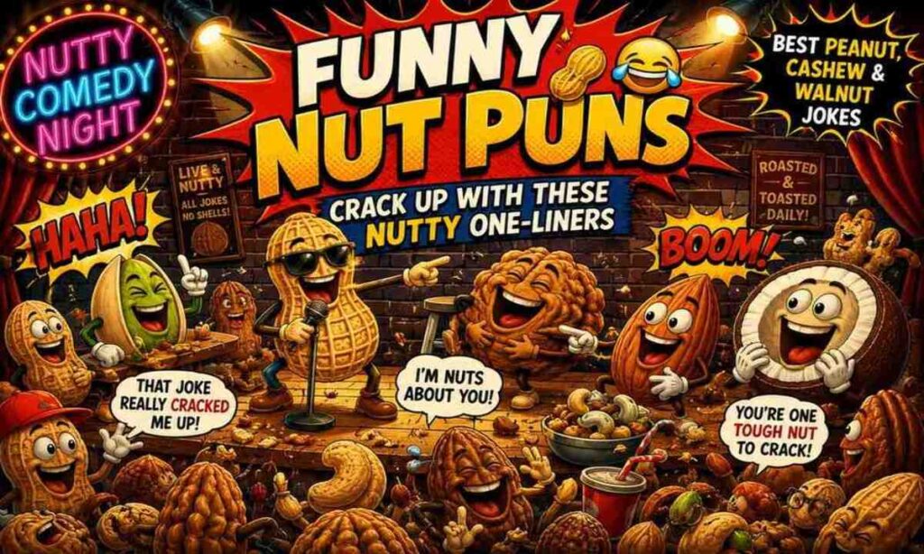 Funny nut puns comedy club image with cartoon peanuts, walnuts, almonds, pistachios, and coconuts laughing and telling jokes on stage.