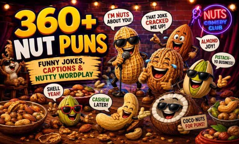 Funny nut puns featured image with cartoon peanuts, walnuts, almonds, pistachios, and cashews making jokes in a colorful comedy-style snack scene.
