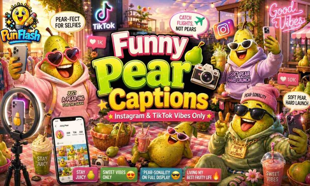 Animated pears taking selfies and creating TikTok content in a trendy aesthetic setup for a blog about funny pear captions, Instagram jokes, and fruity social media posts.