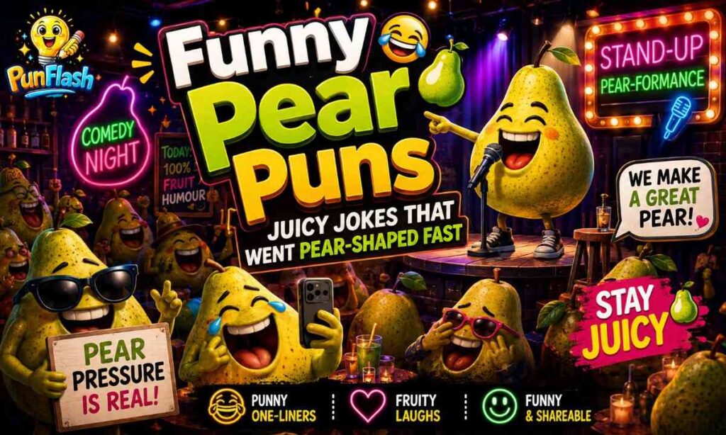 Funny animated pears performing stand-up comedy in a neon fruit comedy club for a blog about funny pear puns, fruit jokes, and juicy captions.