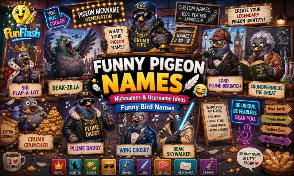 Funny pigeon names and nicknames cartoon image with creative pigeon username ideas