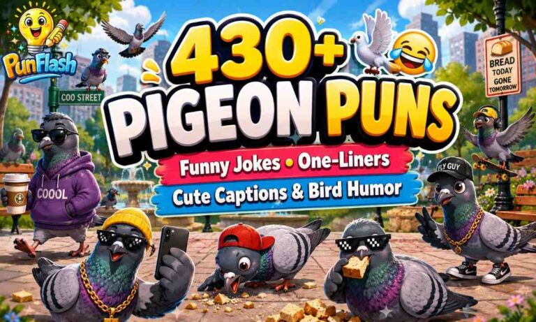 Funny pigeon puns collection with cute bird jokes, Instagram captions, and pigeon humor ideas