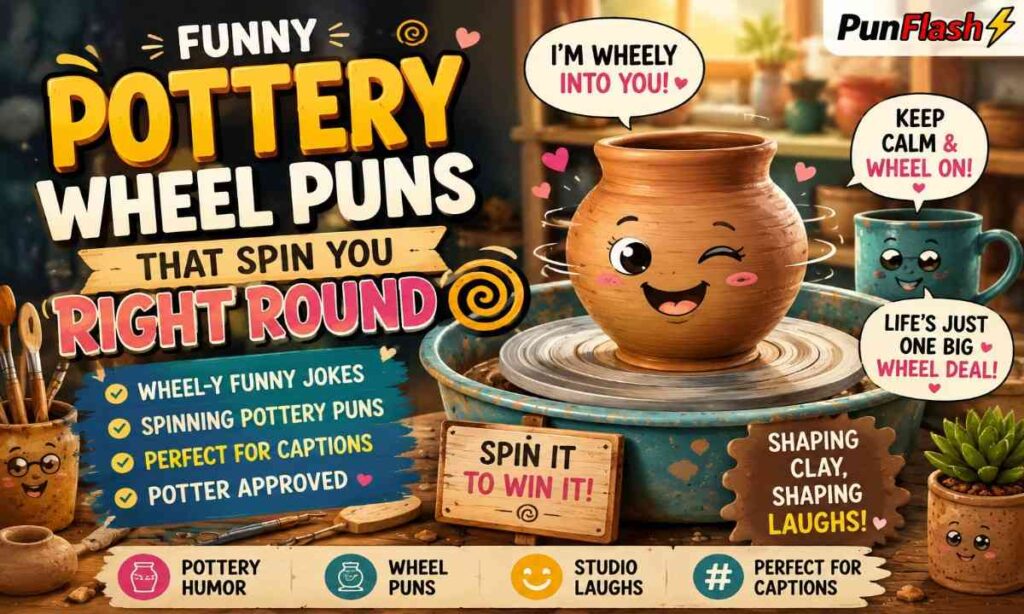 Funny pottery wheel puns illustration with spinning clay pottery wheel ceramic studio humor and pottery jokes
