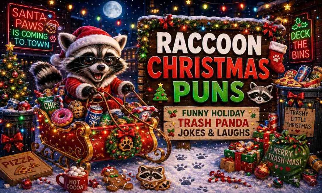 Funny Christmas raccoon wearing a Santa outfit with holiday trash panda jokes in a snowy festive alley