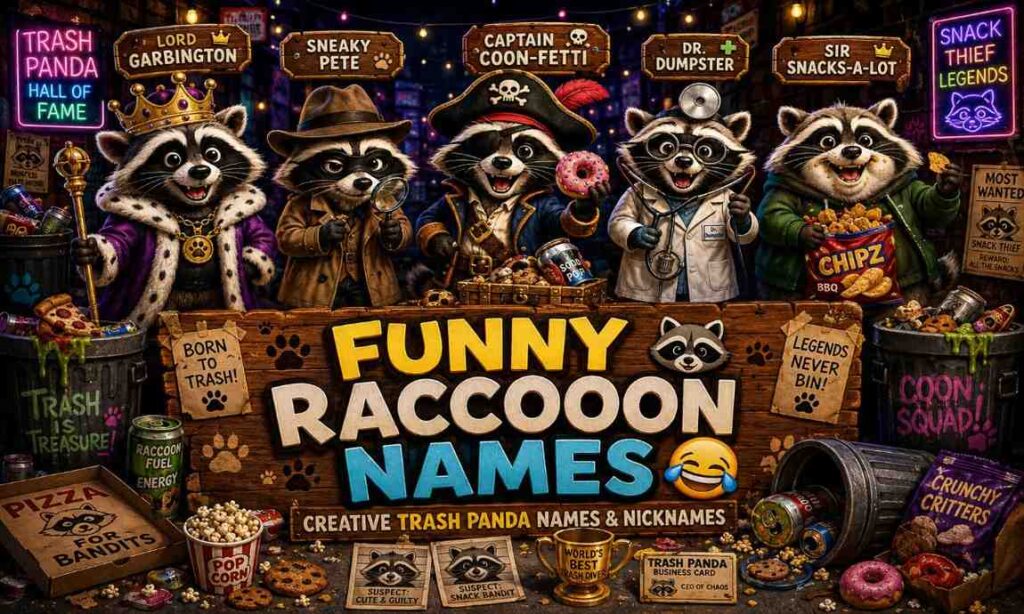 Funny raccoon characters with creative trash panda names standing in a cartoon alley scene