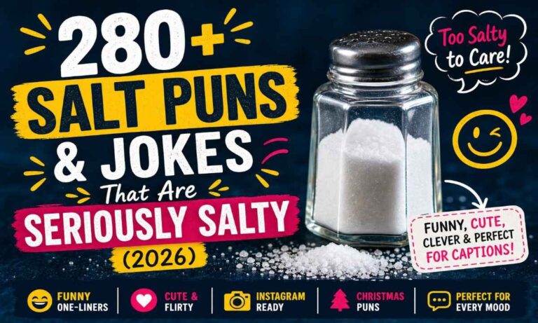 Funny salt puns and jokes banner with salt shaker, 280+ captions and one-liners for Instagram and social media (2026)