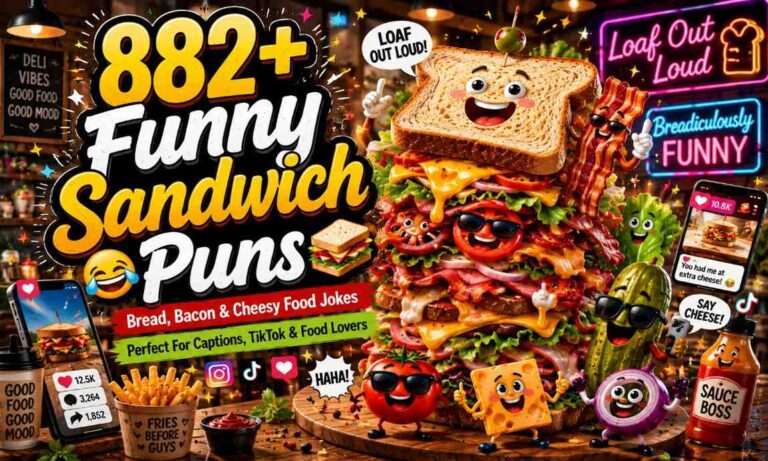 Funny sandwich puns with cartoon sandwich characters and food humour