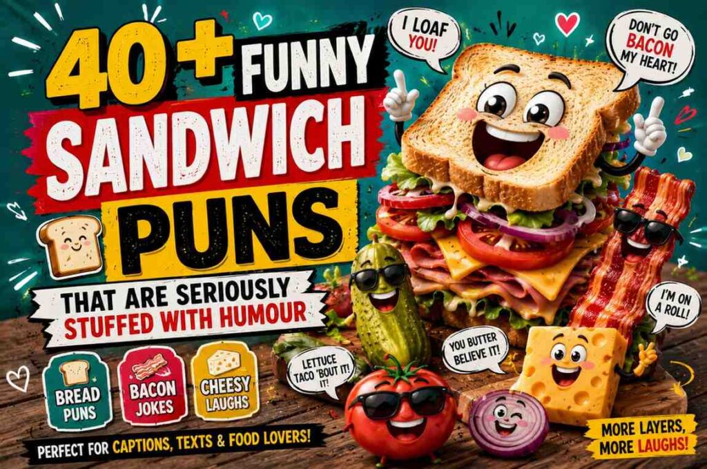 funny sandwich puns with cartoon sandwich characters bacon jokes and cheesy food humor