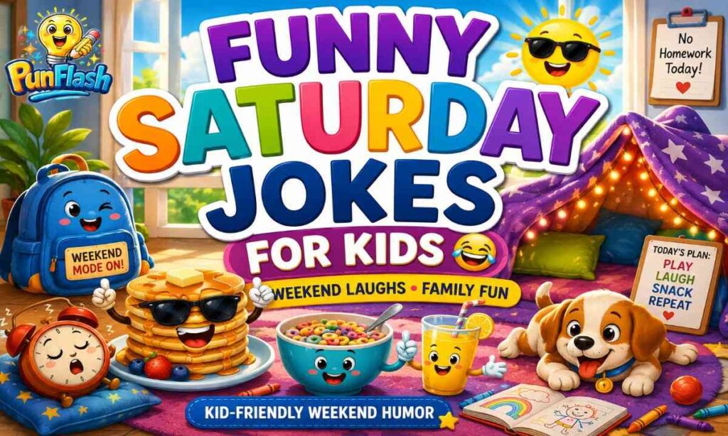 Funny Saturday jokes for kids cartoon image with happy weekend humor and family fun