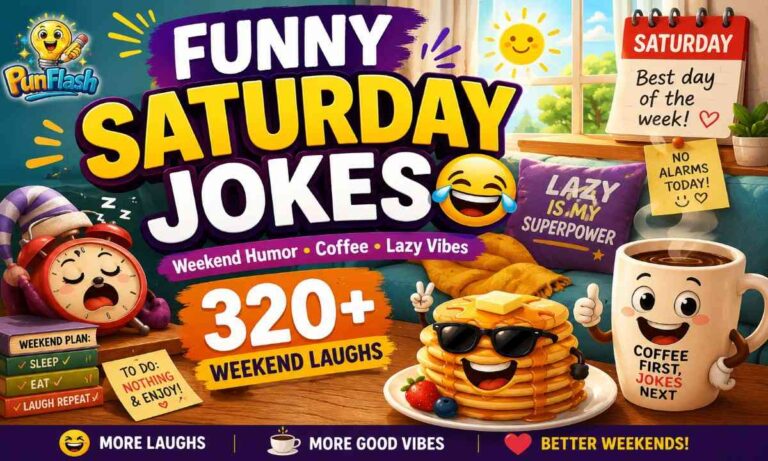 Funny Saturday jokes illustration with coffee, pancakes, couch and weekend humour vibe
