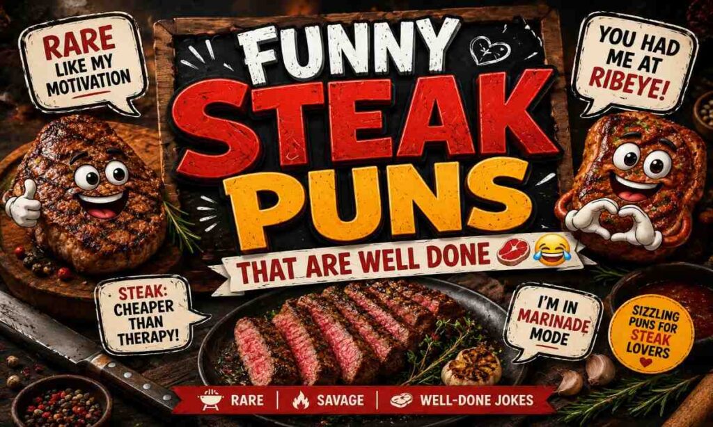 Funny steak puns image featuring cartoon steaks, BBQ jokes, sizzling ribeye steak, and well-done meat humor for food lovers