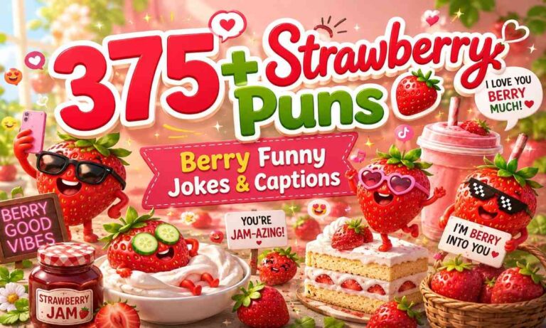 Funny strawberry puns featured image with cartoon strawberries, jam jars, desserts, and social media meme-style humor