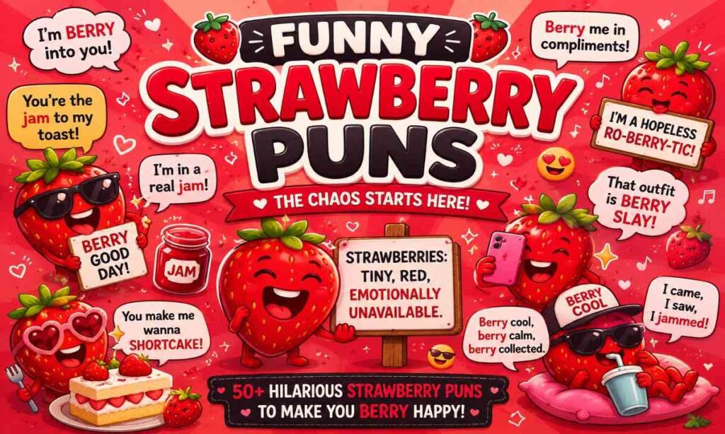 Funny strawberry puns collage with cute cartoon strawberries, jam jars, shortcake desserts, smoothies, and humorous berry quote