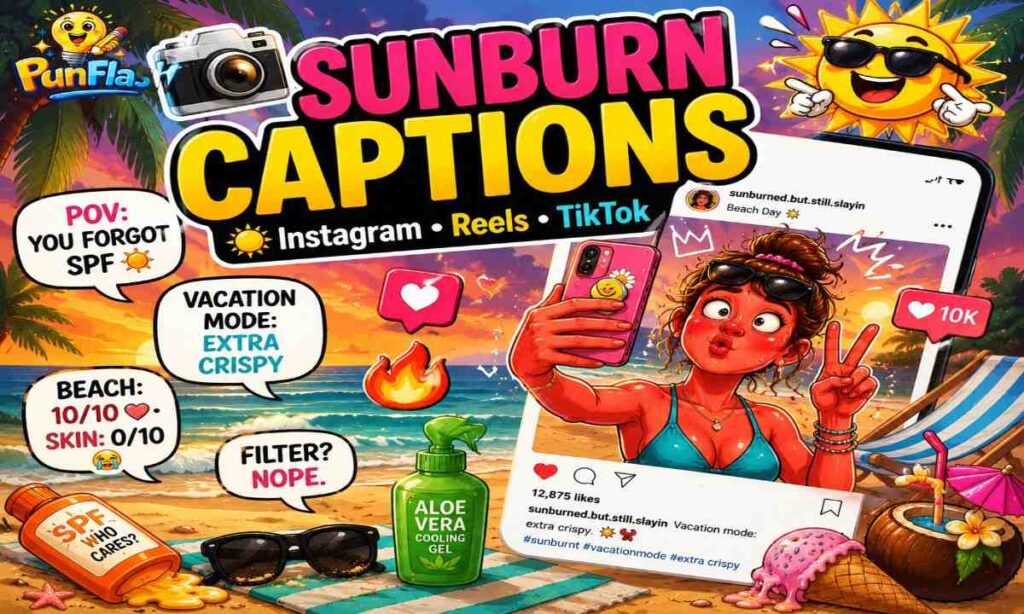 Funny sunburn captions Instagram image with beach selfie humor summer captions and social media sunburn jokes