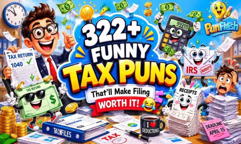 Funny tax puns and accountant jokes featuring a laughing IRS tax form, calculator, tax refund check, and smiling accountant during tax season.