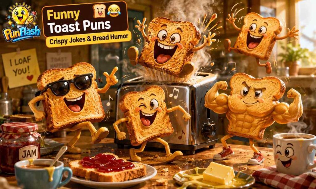 Funny toast puns image with cartoon toast characters, butter, crumbs, and humorous breakfast kitchen scene