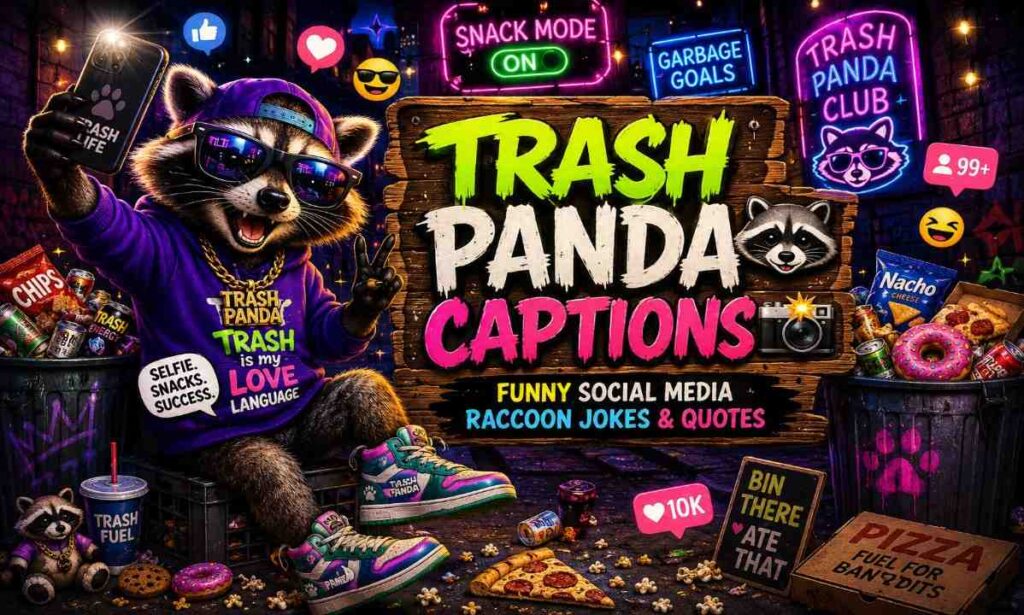 Funny trash panda raccoon influencer taking selfies in a neon alley with viral social media captions