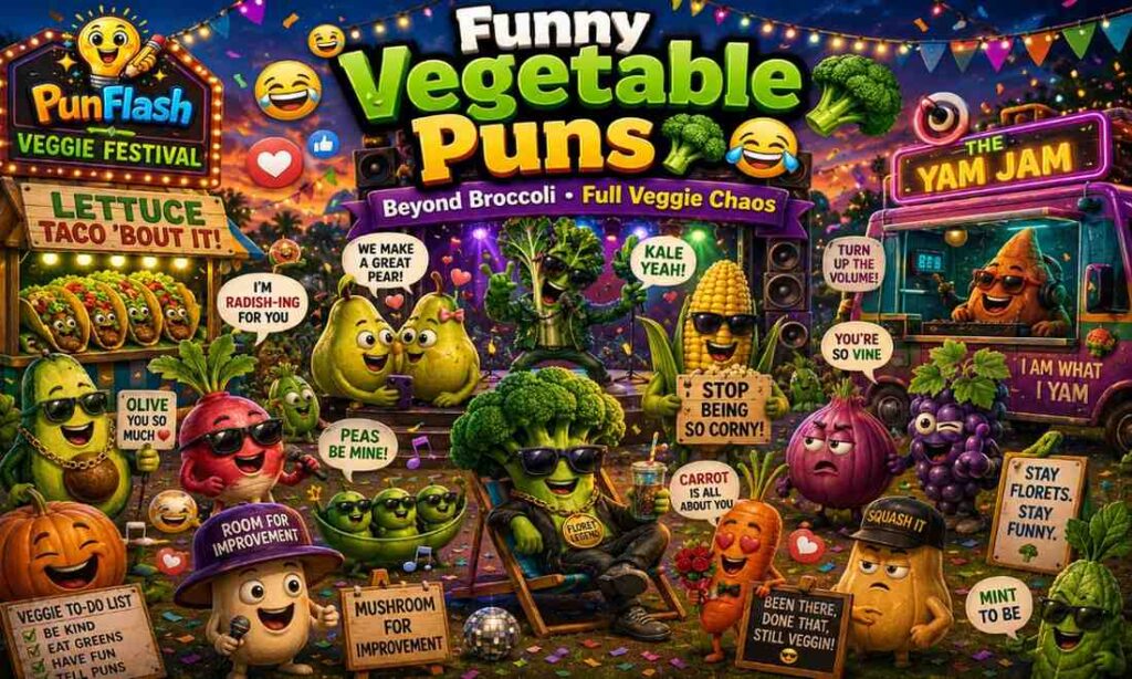 Funny animated vegetable characters at a colorful comedy festival with veggie puns, broccoli humor, and meme-style jokes