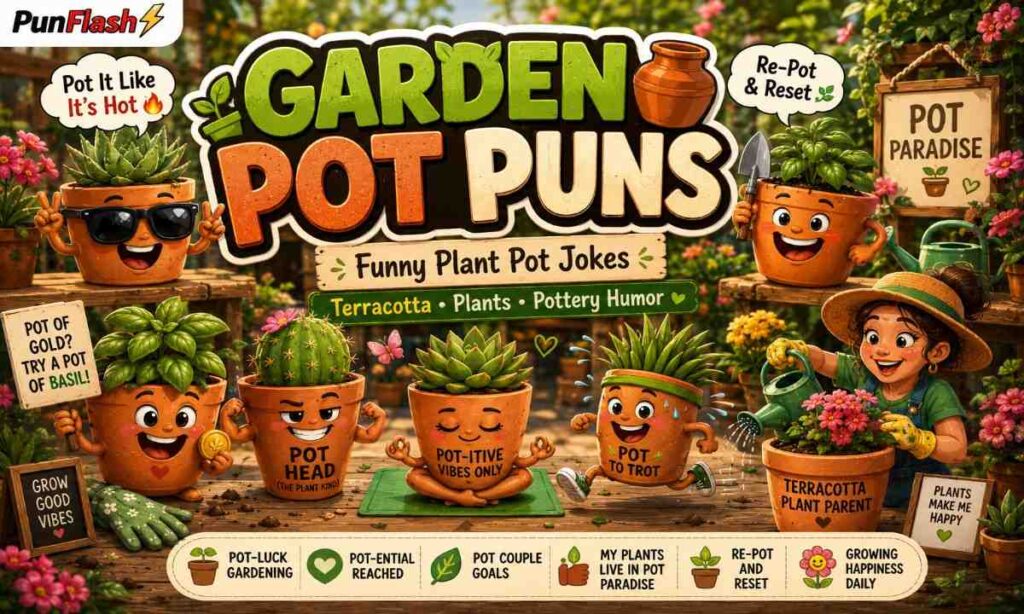 Funny garden pot puns illustration with terracotta plant pots gardening humor pottery jokes and ceramic garden art