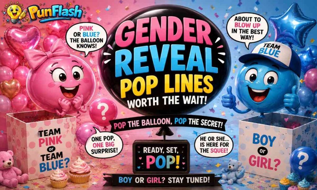 Funny gender reveal balloon puns image with pink and blue balloons, confetti, and cartoon-style pop reveal humor