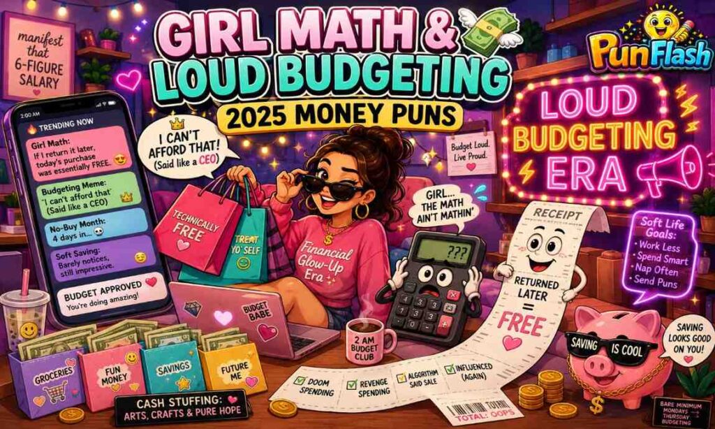 Girl Math and Loud Budgeting money puns with shopping bags, receipts, and viral finance humor.