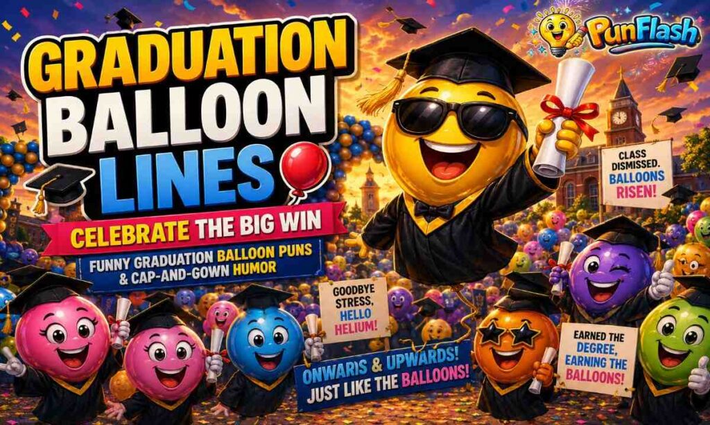 Funny graduation balloon puns image with cartoon balloons wearing caps and gowns celebrating with diplomas and confetti