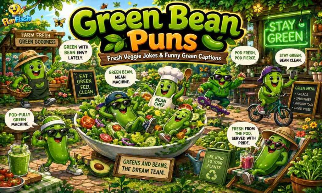 Funny green bean puns with cute cartoon veggie bean characters