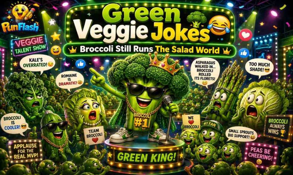 Funny green vegetable characters led by broccoli on a comedy game-show stage for veggie jokes and plant-based humor blog section
