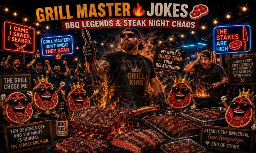 Grill master jokes image featuring smoky backyard BBQ, legendary steak grill master, flaming cookout scene, and funny steak humor