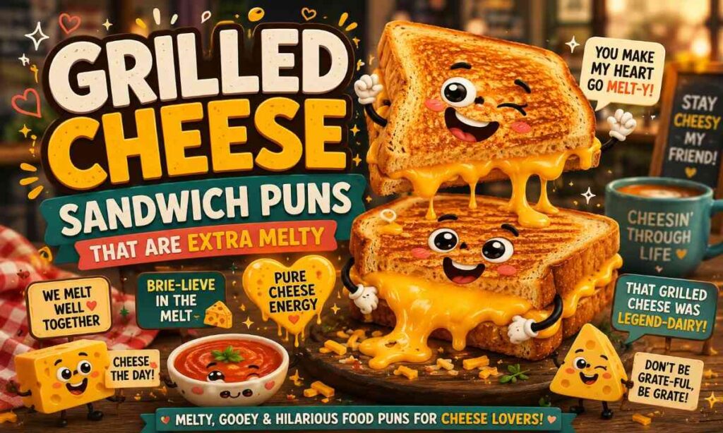 grilled cheese sandwich puns with melty cartoon cheese toast and funny food jokes