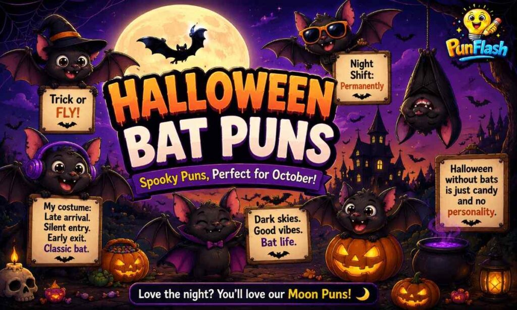 Cute cartoon bats celebrating Halloween with pumpkins, full moon, haunted house and funny Halloween bat puns