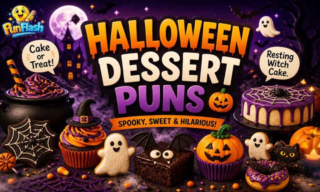 Halloween dessert puns with spooky cupcakes, ghost cookies, and funny sweet jokes