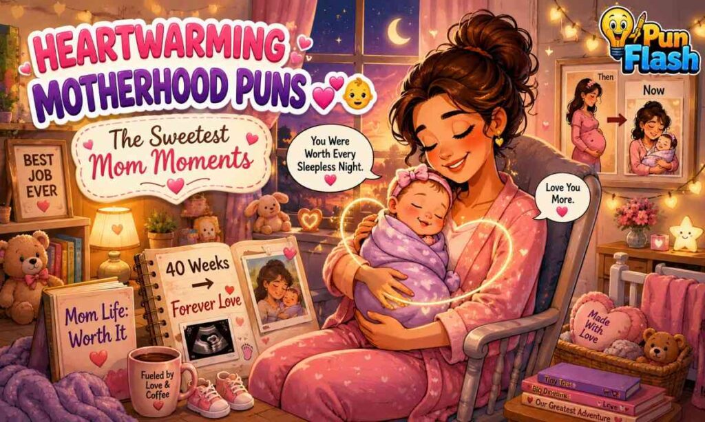 Heartwarming motherhood puns image showing a loving mother holding her newborn baby with sweet motherhood humor and emotional family moments
