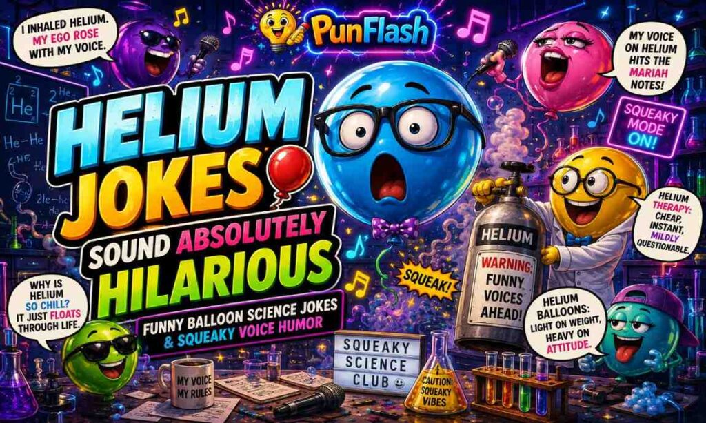 Funny helium jokes cartoon image with science lab balloons, squeaky voice humor, and comic helium party chaos