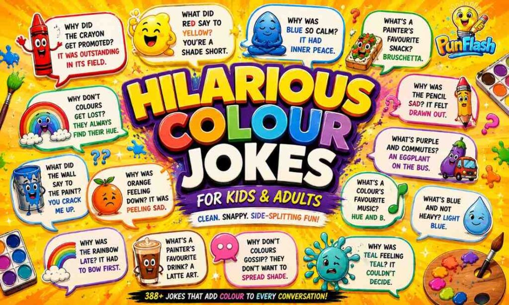 Funny colourful jokes featured image with cartoon crayons, rainbow characters, paint splashes, speech bubbles, and hilarious colour puns for kids and adults.