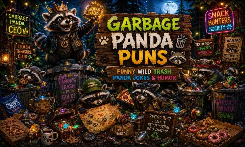 Funny garbage panda raccoons exploring a woodland junkyard with trash panda jokes and humor