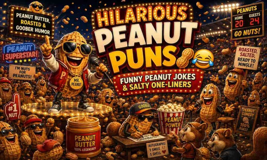 Hilarious peanut puns cartoon image with funny peanuts acting like celebrities inside a comedy sports arena full of peanut butter jokes.