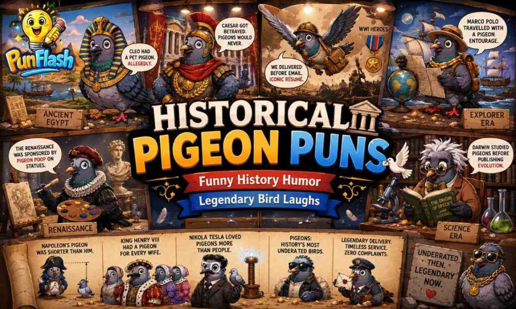 Historical pigeon puns cartoon image with funny pigeons in ancient history museum theme