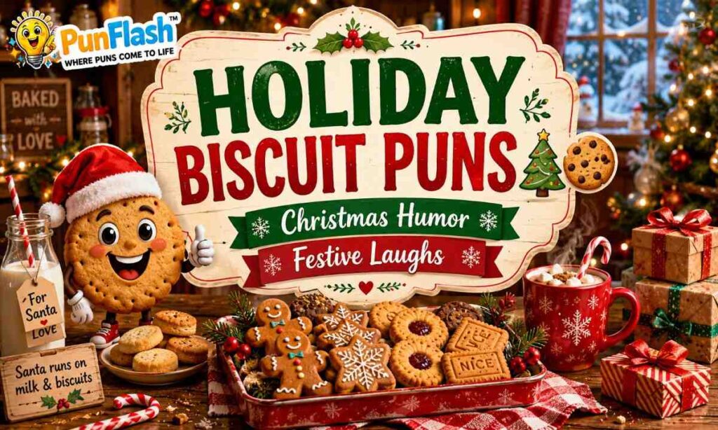 Holiday Christmas biscuit puns with festive biscuit jokes gingerbread humor and Christmas baking comedy