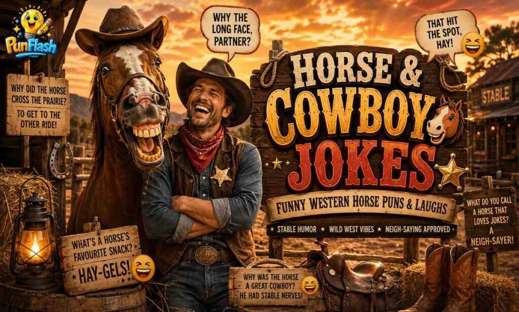 Horse and cowboy jokes featured image with funny western horse puns and ranch humor