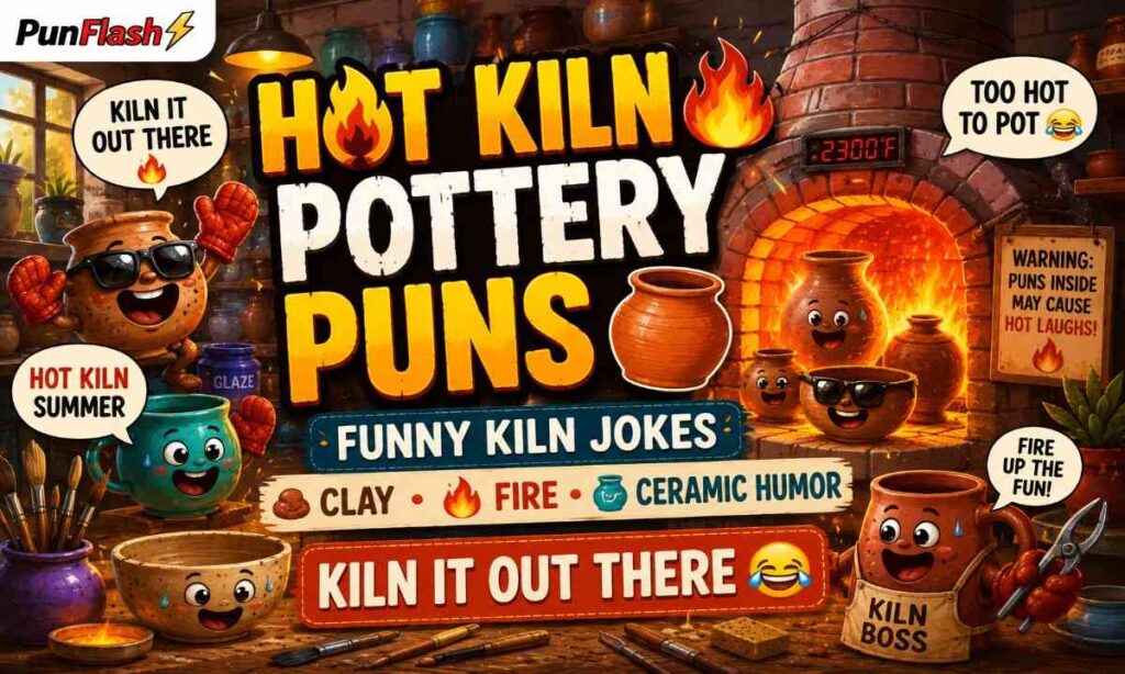 Funny hot kiln pottery puns illustration with ceramic kiln fire clay pottery humor and pottery studio jokes