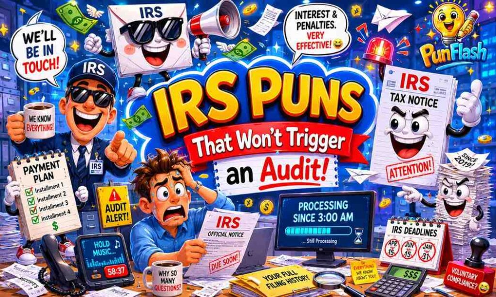 Cartoon IRS humor illustration showing IRS notices, tax audit jokes, certified letters, taxpayer anxiety, tax filing records, and Internal Revenue Service comedy.