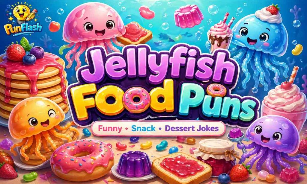 Funny jellyfish food puns illustration with jellyfish and desserts like donuts pancakes and jelly snacks