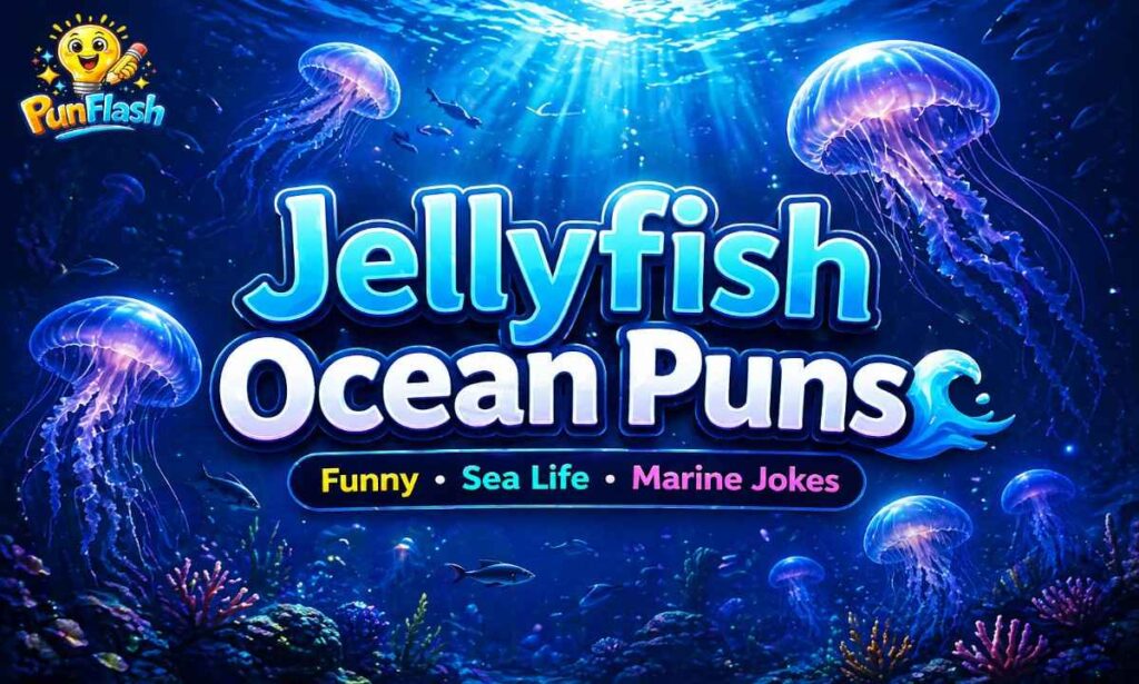 Jellyfish ocean puns illustration with glowing jellyfish in deep sea environment and marine life humor theme