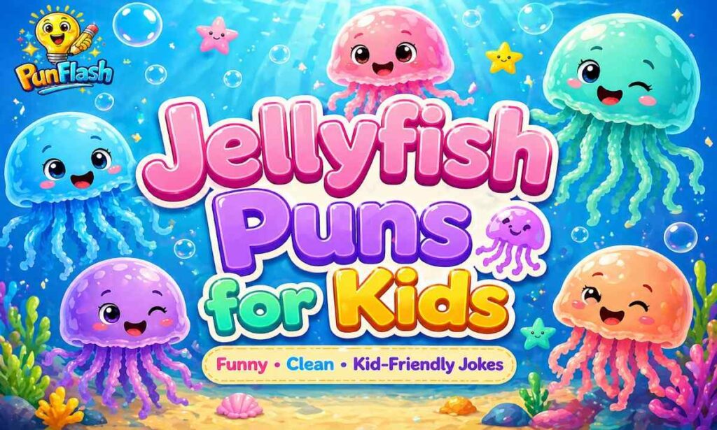 Cute kid-friendly jellyfish illustration with funny jellyfish puns and clean jokes for children