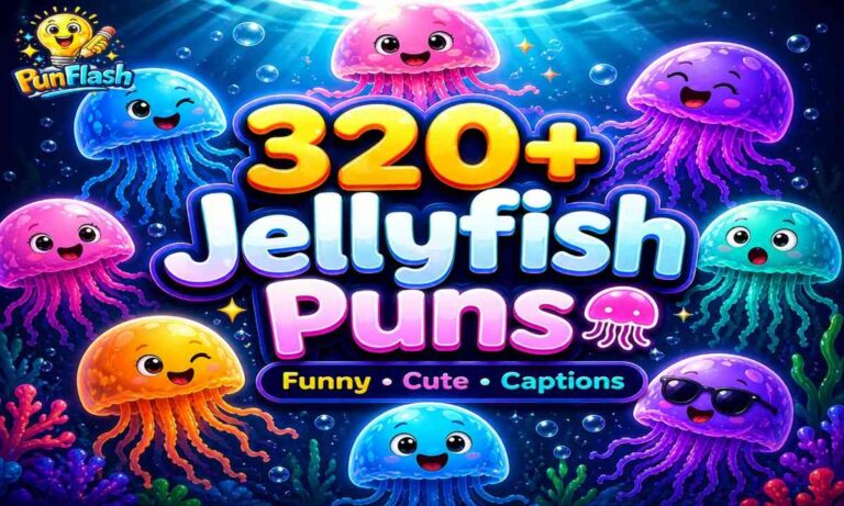 Cute glowing jellyfish illustration representing funny jellyfish puns, ocean jokes, and Instagram captions
