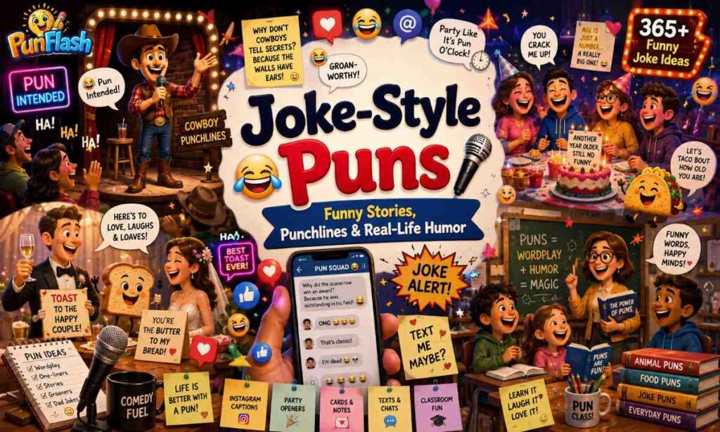 Funny cartoon comedy scene featuring joke style puns, storytelling humor, party jokes, social media captions and funny punchlines for humor collection article.